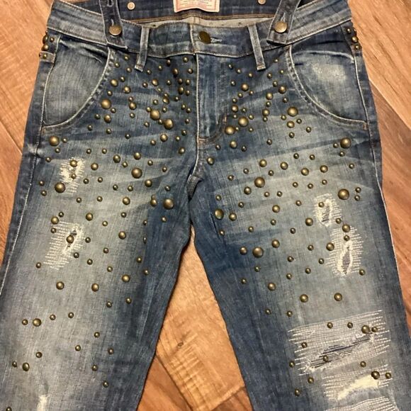 Guess Women’s Y2K Studded Distressed Jeans w Suspenders‎ S23 - Picture 10 of 11